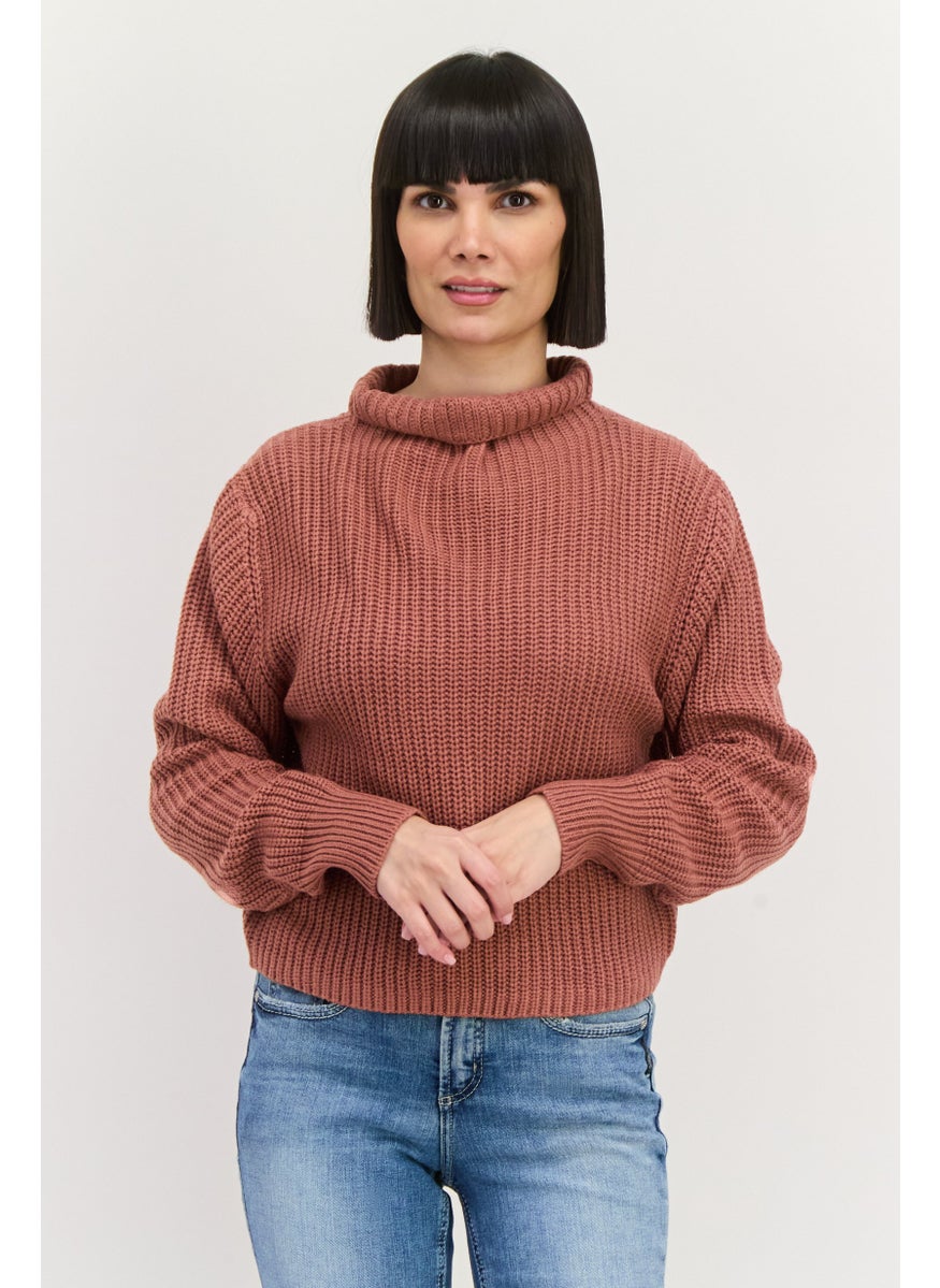 Black Tape - Women High Neck Knitted Sweater, Rust Pink - Image 1