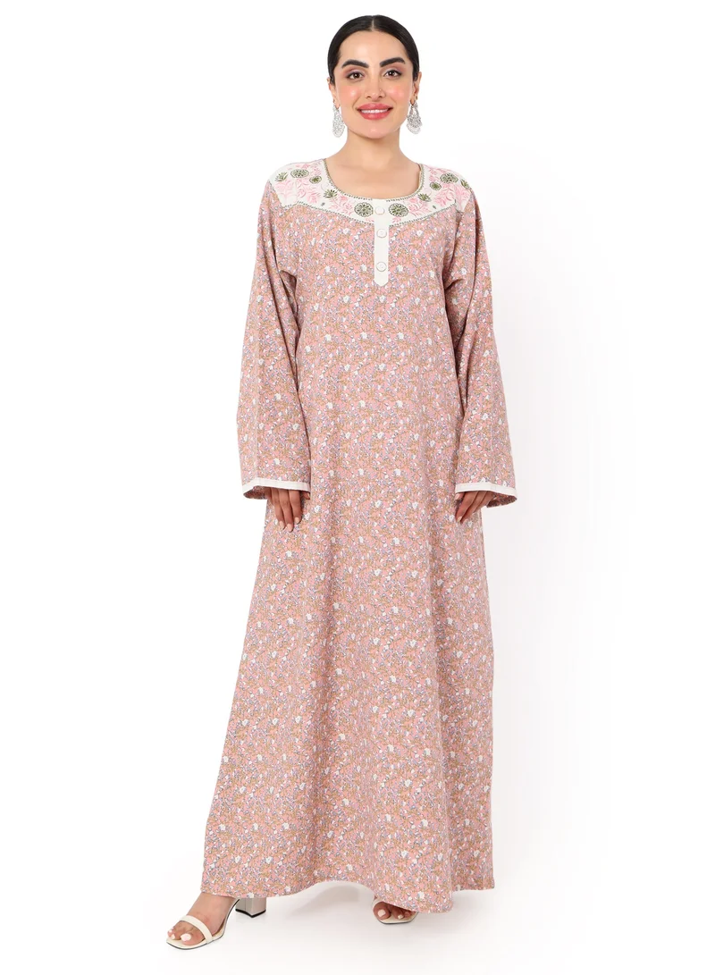 هانا آند سارا MULTICOLOUR SMALL FLORAL PRINTED AND EMBROIDERD ARABIC KAFTAN JALABIYA DRESS