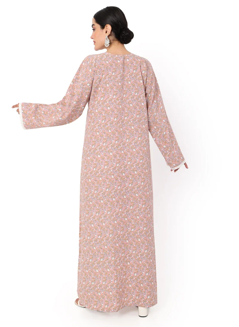 هانا آند سارا MULTICOLOUR SMALL FLORAL PRINTED AND EMBROIDERD ARABIC KAFTAN JALABIYA DRESS