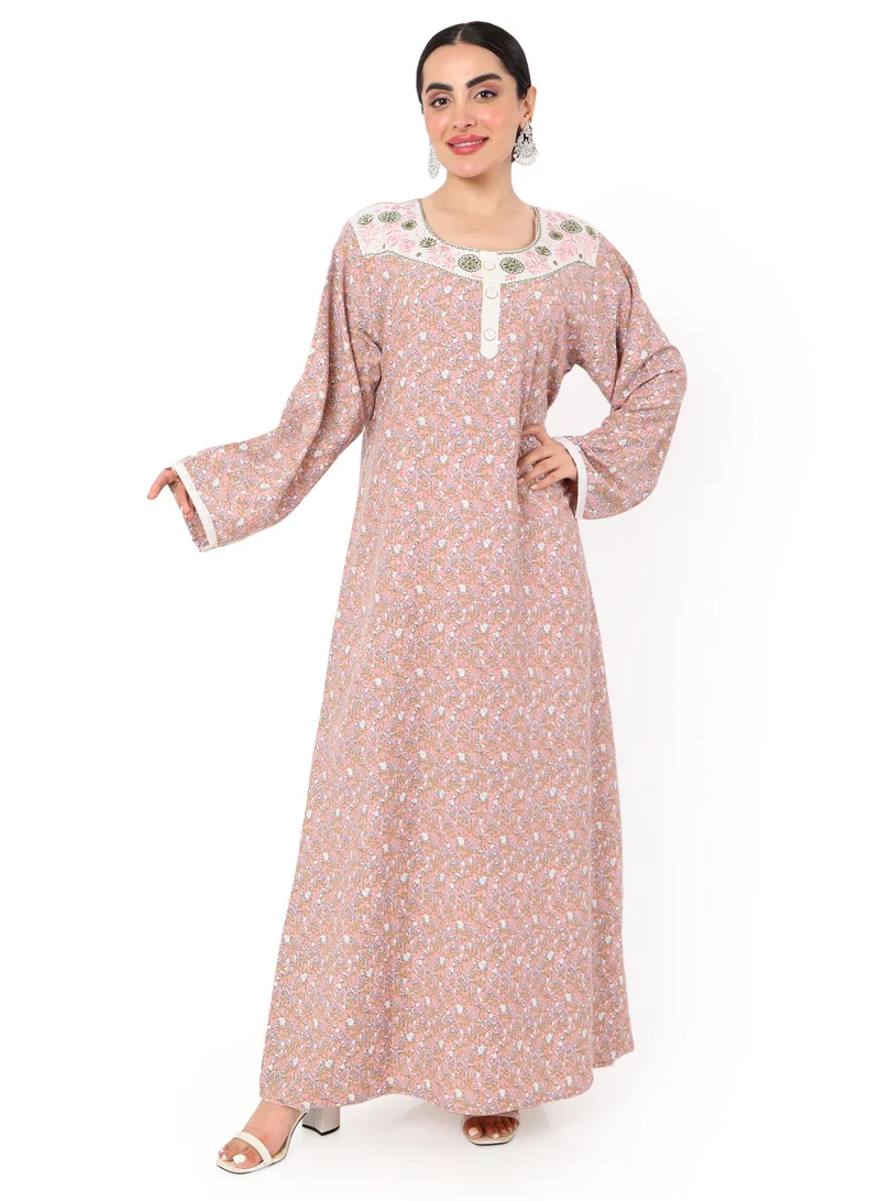 هانا آند سارا MULTICOLOUR SMALL FLORAL PRINTED AND EMBROIDERD ARABIC KAFTAN JALABIYA DRESS