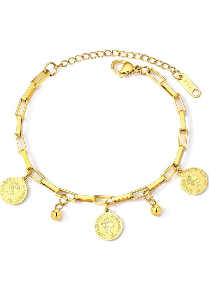 Luxuria 18K Gold Plated Stainless Steel Coin Bracelet Boho Adjustable Link Chain Stainless Steel Coin Bracelet Boho Chic Fashion - Image 1