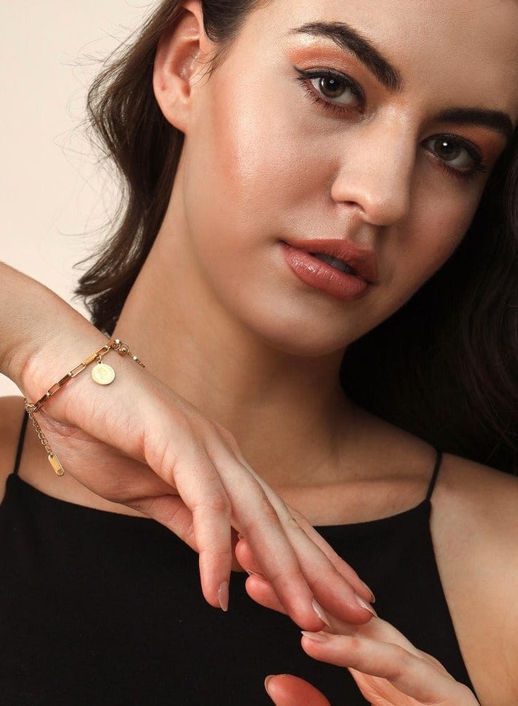 Luxuria 18K Gold Plated Stainless Steel Coin Bracelet Boho Adjustable Link Chain Stainless Steel Coin Bracelet Boho Chic Fashion - Image 3