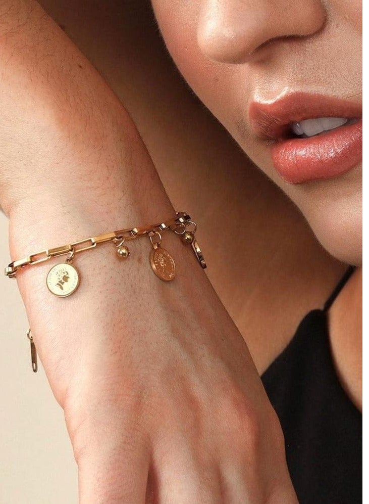 Luxuria 18K Gold Plated Stainless Steel Coin Bracelet Boho Adjustable Link Chain Stainless Steel Coin Bracelet Boho Chic Fashion - Image 2