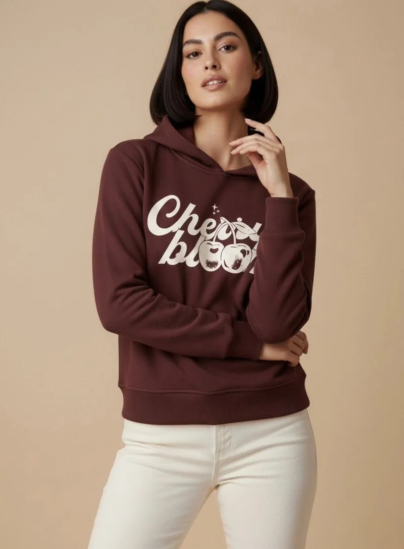 Outzidr  Brown Graphic Hooded Russian Fleece Sweatshirt for Women | Best Price UAE