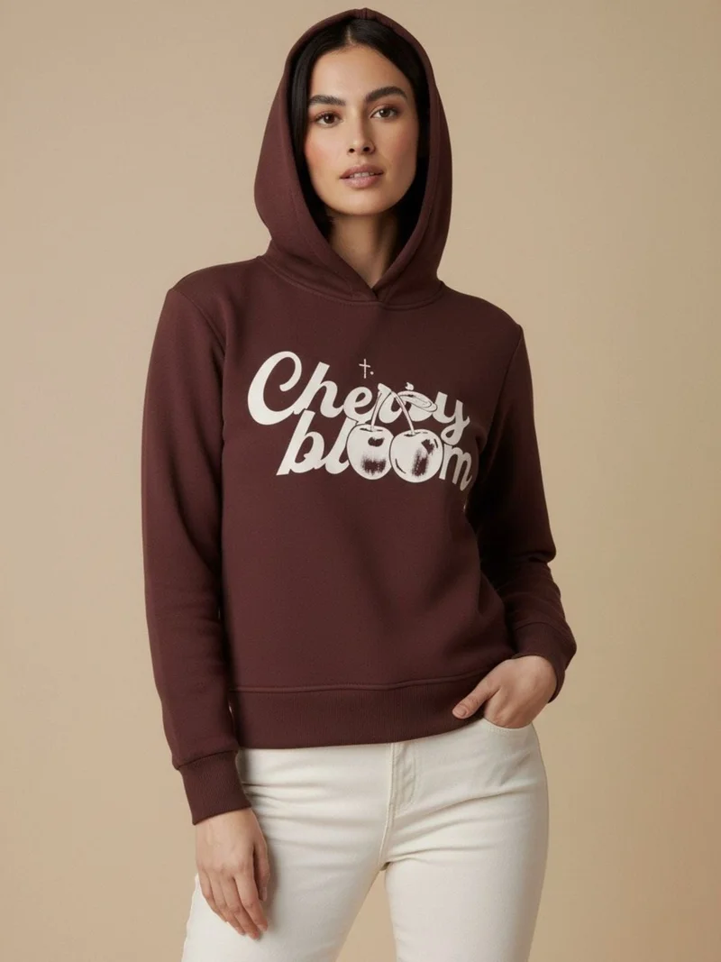 Outzidr  Brown Graphic Hooded Russian Fleece Sweatshirt for Women | Best Price UAE
