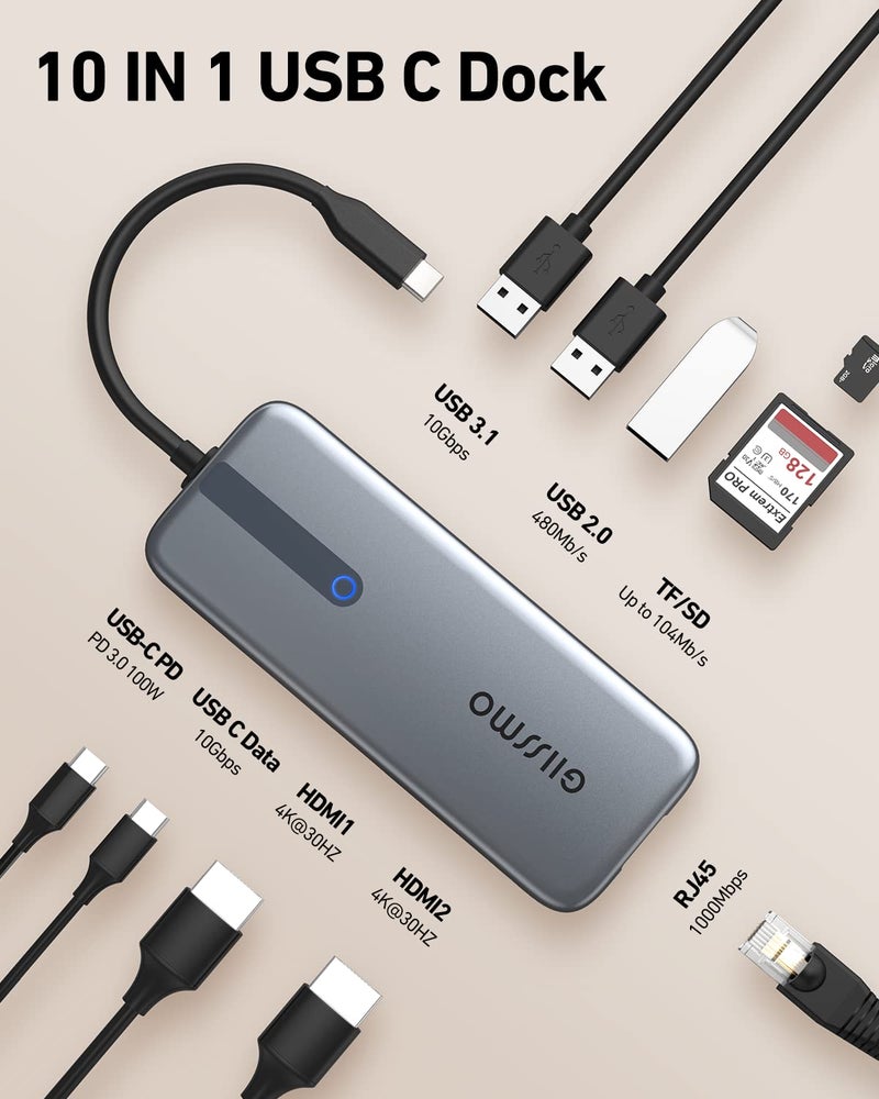 GIISSMO محطة إرساء لابتوب GIISSMO 10 في 1 بشاشة مزدوجة مع 2 HDMI 4K، RJ45، USB C/USB A 3.1 بسرعة 10Gbps، شحن PD بقوة 100W، USB 2.0، فتحات SD/TF لجهاز MacBook/Dell/HP/Lenovo/Surface - Image 2
