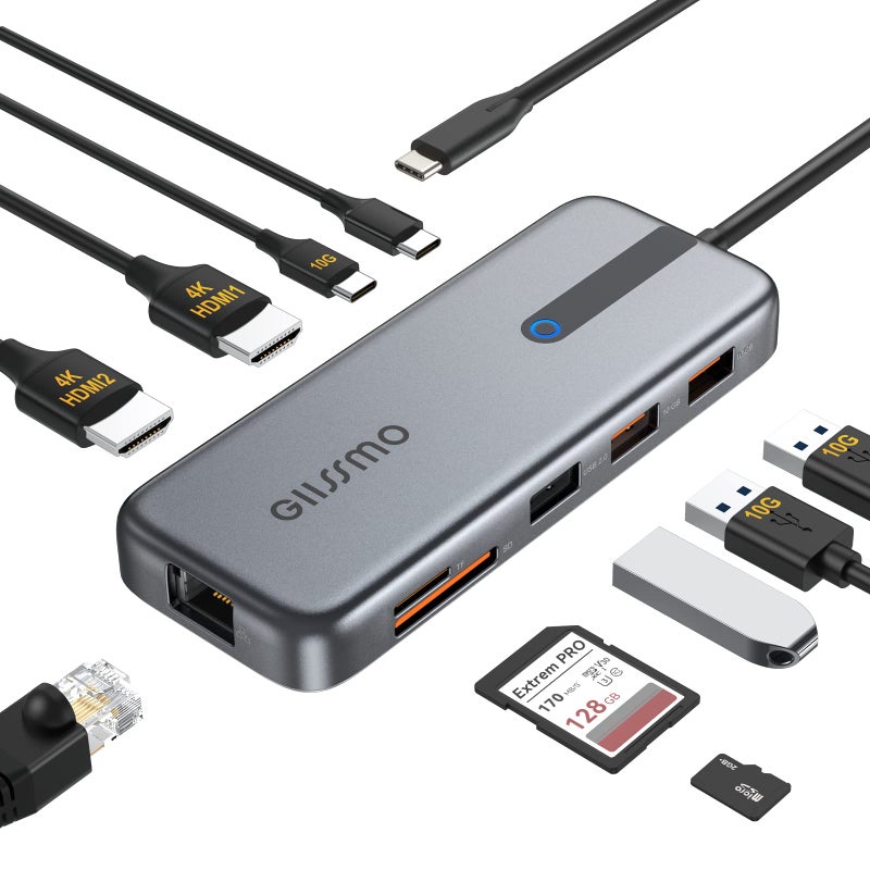 GIISSMO محطة إرساء لابتوب GIISSMO 10 في 1 بشاشة مزدوجة مع 2 HDMI 4K، RJ45، USB C/USB A 3.1 بسرعة 10Gbps، شحن PD بقوة 100W، USB 2.0، فتحات SD/TF لجهاز MacBook/Dell/HP/Lenovo/Surface - Image 1