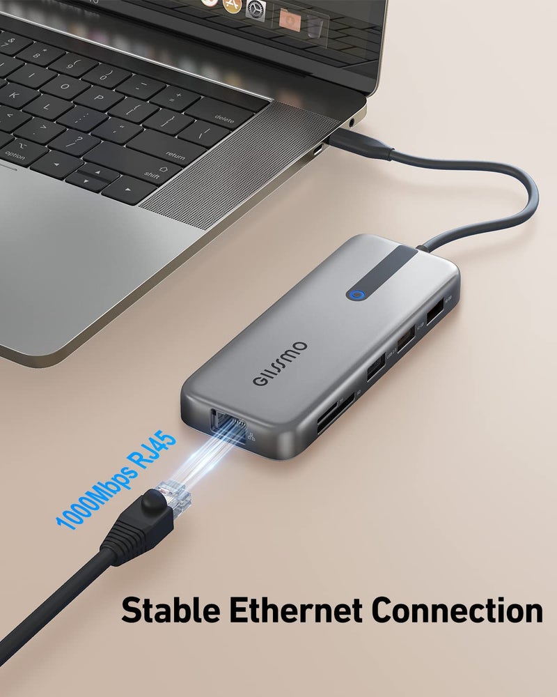 GIISSMO محطة إرساء لابتوب GIISSMO 10 في 1 بشاشة مزدوجة مع 2 HDMI 4K، RJ45، USB C/USB A 3.1 بسرعة 10Gbps، شحن PD بقوة 100W، USB 2.0، فتحات SD/TF لجهاز MacBook/Dell/HP/Lenovo/Surface - Image 5