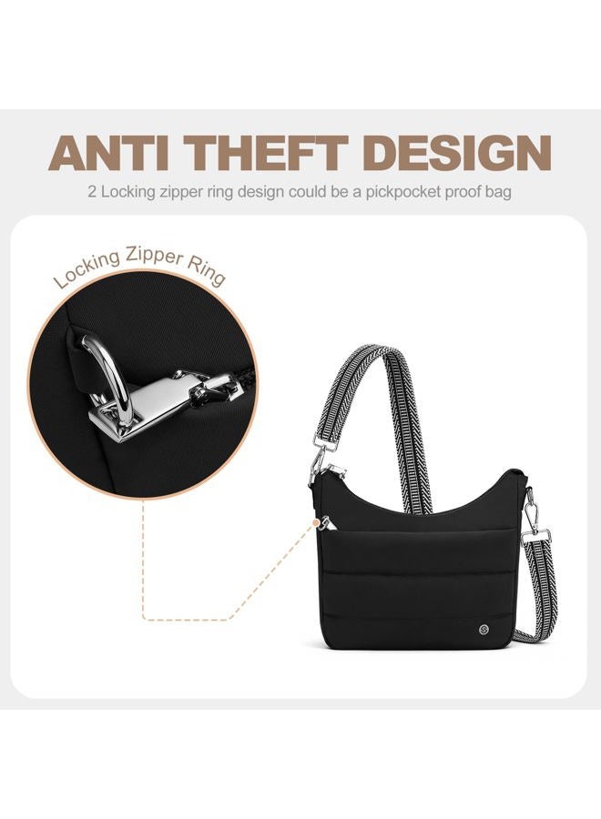 SYTRAH Anti Theft Crossbody Purse Hobo Crossbody Bags for Women, Quilted Puffer Bag Slouchy Built-in Wallet & RFID Blocking, Black, 12" x 9.75" x 3", Puffer Bag - Image 5