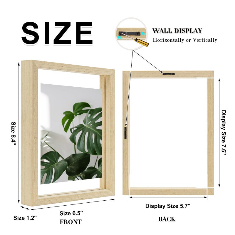 Egofine Egofine 6x8 Floating Frames Set of 2  Double Glass Picture Frame  Made of Solid Wood Display Any Size Photo up to 6x8  Wall Mount or Tabletop Standing  Natural Wood  - Image 2
