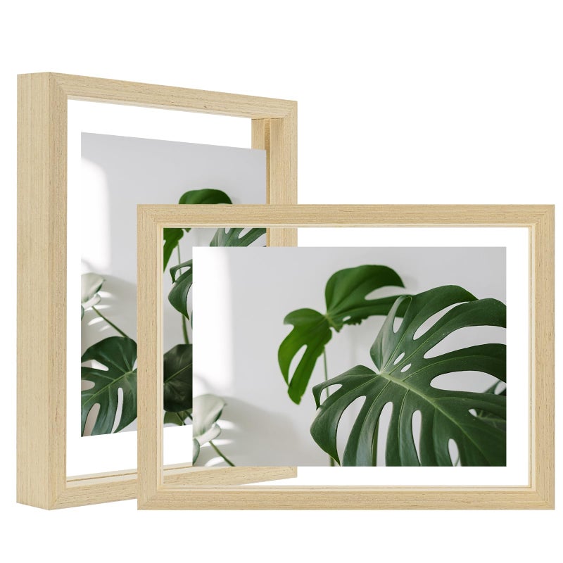 Egofine Egofine 6x8 Floating Frames Set of 2  Double Glass Picture Frame  Made of Solid Wood Display Any Size Photo up to 6x8  Wall Mount or Tabletop Standing  Natural Wood  - Image 1