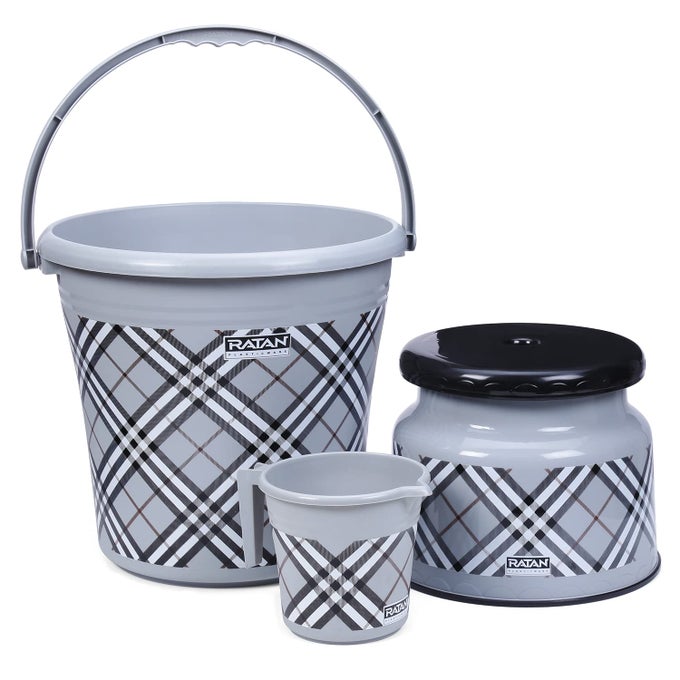 PLASTIC BATHROOM SET OF 3 COMBO 18L BUCKET X 1 1L MUG X 1 NOVA PATLA STOOL 107 X 1 BATH SETS FOR HOME KITCHEN HOTELS HOSTEL HOSPITAL FROSTY CHECKS PRINT GREY