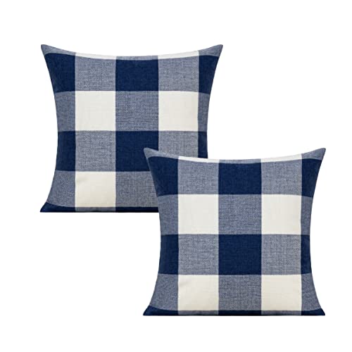 VAKADO Outdoor Blue Throw Pillow Covers 18x18 Set of 2 Buffalo Plaids Check Summer Front Porch Decorative Gingham Cushion Cases Home Decor Farmhouse for Patio Furniture Couch Bed Sofa,Navy Blue White - Image 1