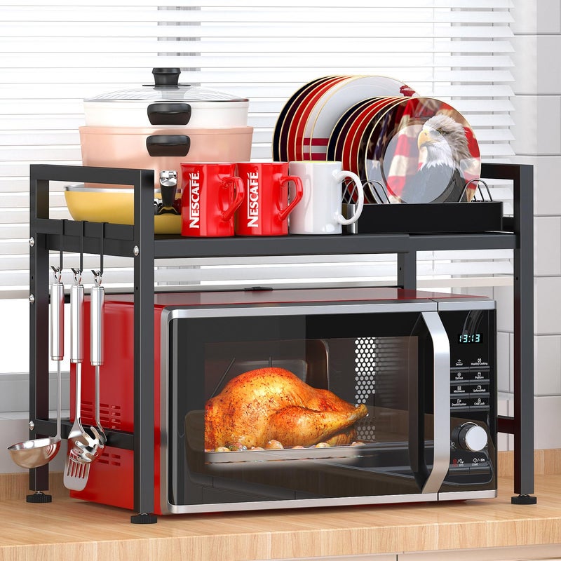 PUSDON Extendable Microwave Oven Rack Adjustable MicrowaveToaster Shelf Heavy Duty Stand Kitchen Counter Top Organizer 2 Tier with 3 Hooks 160lbs Weight Capacity Black