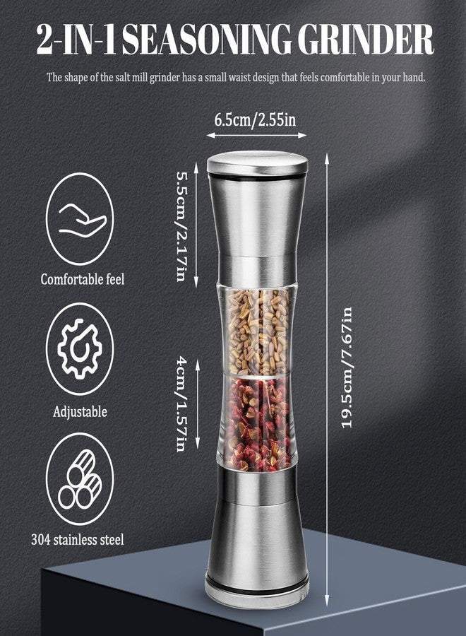 Realand 2Pcs 2 in 1 Salt and Pepper Grinder Set, 304 Stainless Steel Pepper Mill Grinder Sea Salt Grinder Refillable Pepper Grinder Manual with Adjustable Ceramic Rotor - Image 2