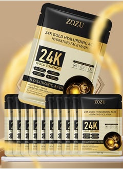 Zozu 10 Pack 24k Gold Hyaluronic Acid Hydrating Face Mask Moisturizing Repairing Nourishing Smooth Water Locking Face Mask Sheet Reduce Fine Lines Anti Aging Skincare Facial Sheet for Women and Men  - Image 1