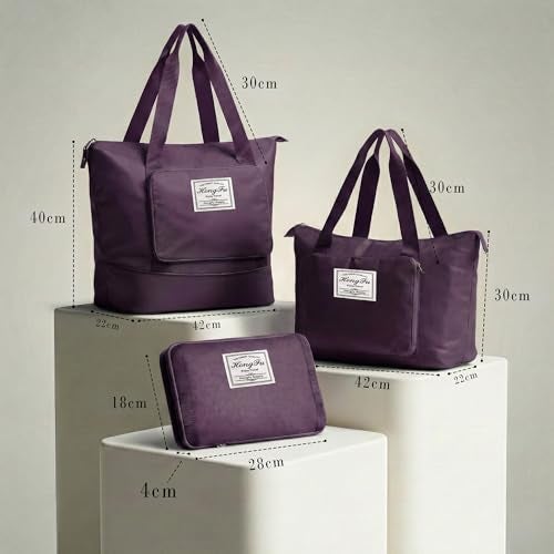 VERAT Nylon 41L Expandable Travel Bag for Women, Foldable Waterproof Duffle Bag, Lightweight Carry-On Luggage with Wet Pocket, Vanity Handbag for Travel & Gym (Purple, 41 Liter) - Image 2