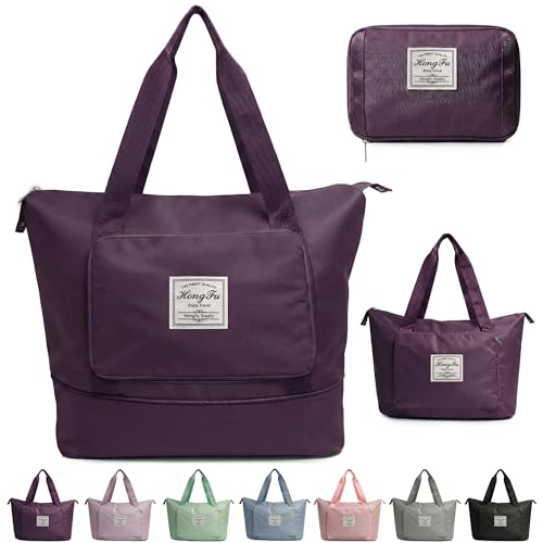VERAT Nylon 41L Expandable Travel Bag for Women, Foldable Waterproof Duffle Bag, Lightweight Carry-On Luggage with Wet Pocket, Vanity Handbag for Travel & Gym (Purple, 41 Liter) - Image 1