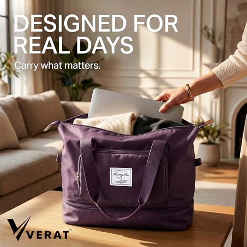 VERAT Nylon 41L Expandable Travel Bag for Women, Foldable Waterproof Duffle Bag, Lightweight Carry-On Luggage with Wet Pocket, Vanity Handbag for Travel & Gym (Purple, 41 Liter) - Image 4