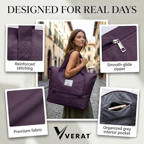 VERAT Nylon 41L Expandable Travel Bag for Women, Foldable Waterproof Duffle Bag, Lightweight Carry-On Luggage with Wet Pocket, Vanity Handbag for Travel & Gym (Purple, 41 Liter) - Image 5