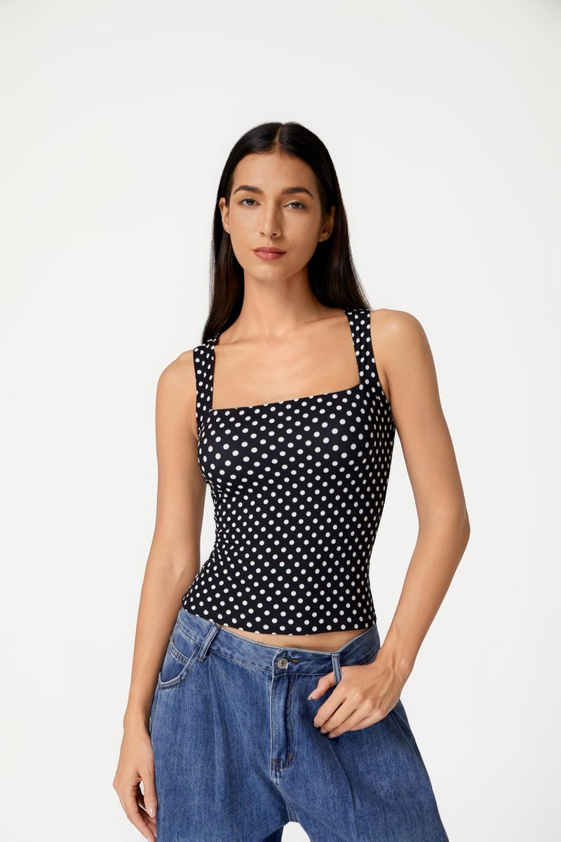 QINSEN Womens Tank Top Sleeveless Square Neck Casual Basic Fitted T- Shirts Black Polka Dots XS - Image 5