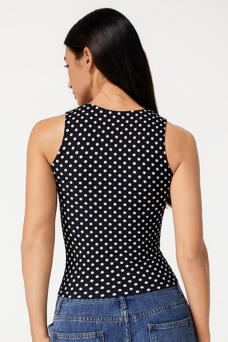 QINSEN Womens Tank Top Sleeveless Square Neck Casual Basic Fitted T- Shirts Black Polka Dots XS - Image 4