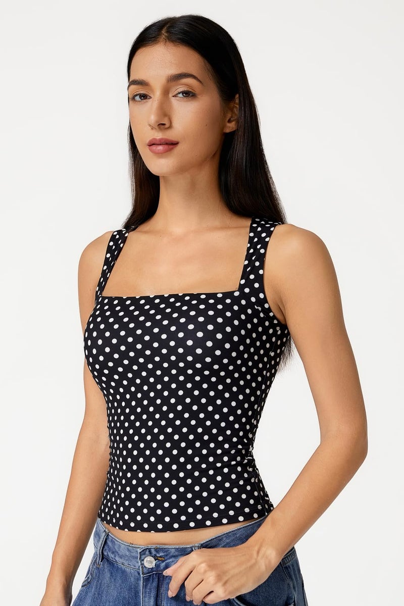 QINSEN Womens Tank Top Sleeveless Square Neck Casual Basic Fitted T- Shirts Black Polka Dots XS - Image 3