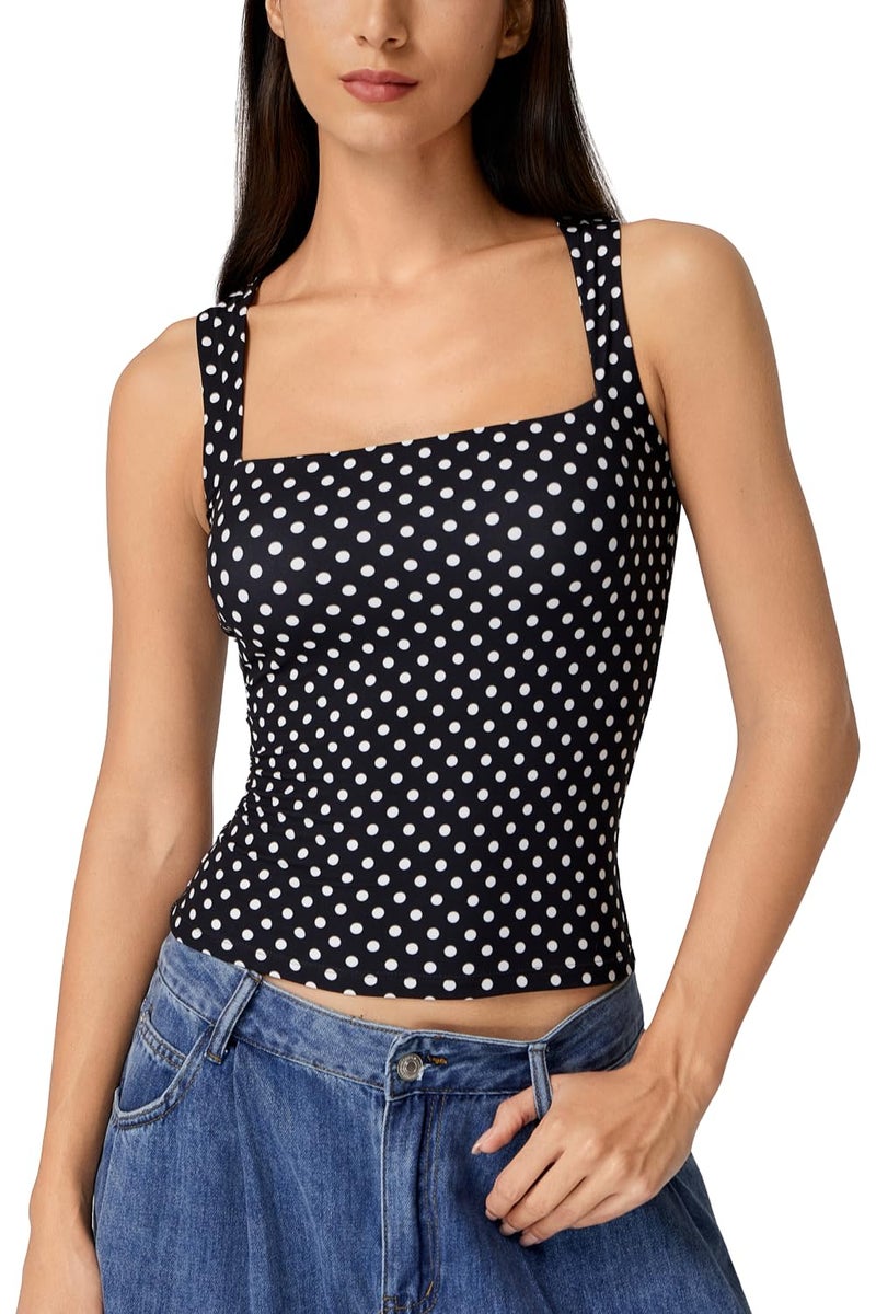 QINSEN Womens Tank Top Sleeveless Square Neck Casual Basic Fitted T- Shirts Black Polka Dots XS - Image 1