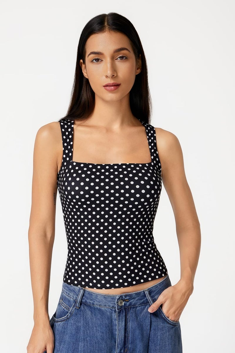 QINSEN Womens Tank Top Sleeveless Square Neck Casual Basic Fitted T- Shirts Black Polka Dots XS - Image 2