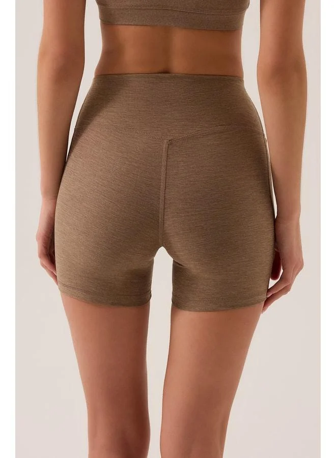 Los Ojos x Ece Mocha Mélange Waist-Detail Short Leggings Ruched Biker Shorts.