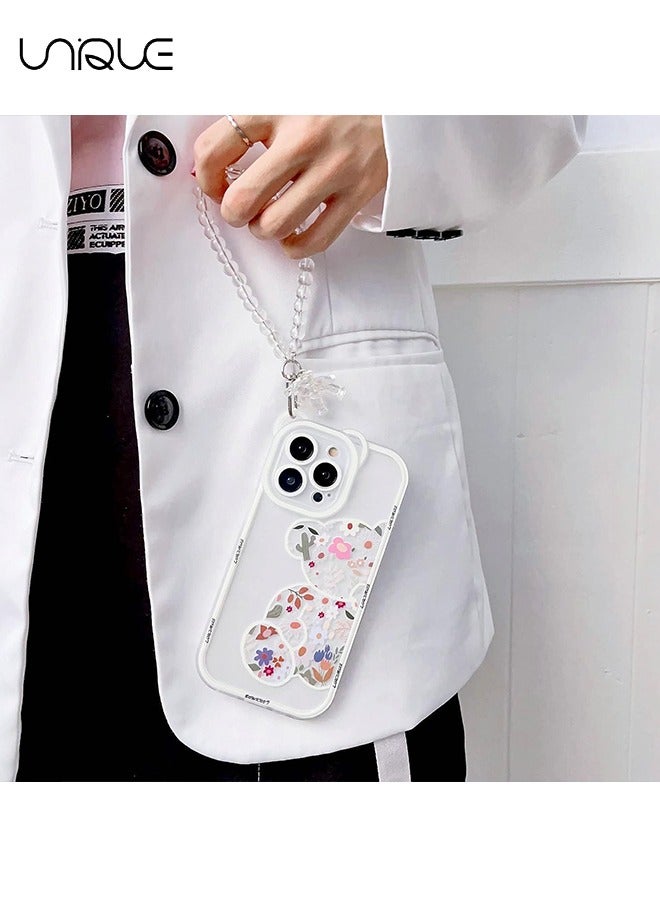 Unique Compatible with iPhone 16 Pro Max Case - Cute Flowers Bear Camera Protector Clear Case Cover with Lovely Strap Bracelet Chain Girls Women Case for iPhone 16 Pro Max  - Image 3