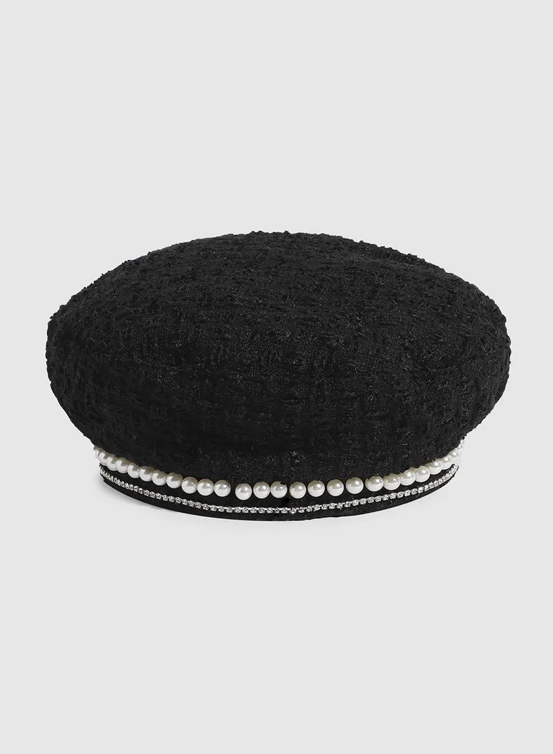 Haute Sauce Embellished Pearl Beret Hat - Black