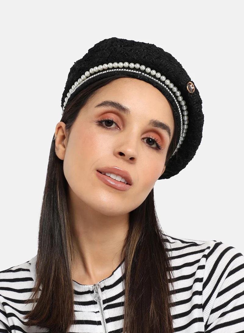 Haute Sauce Embellished Pearl Beret Hat - Black