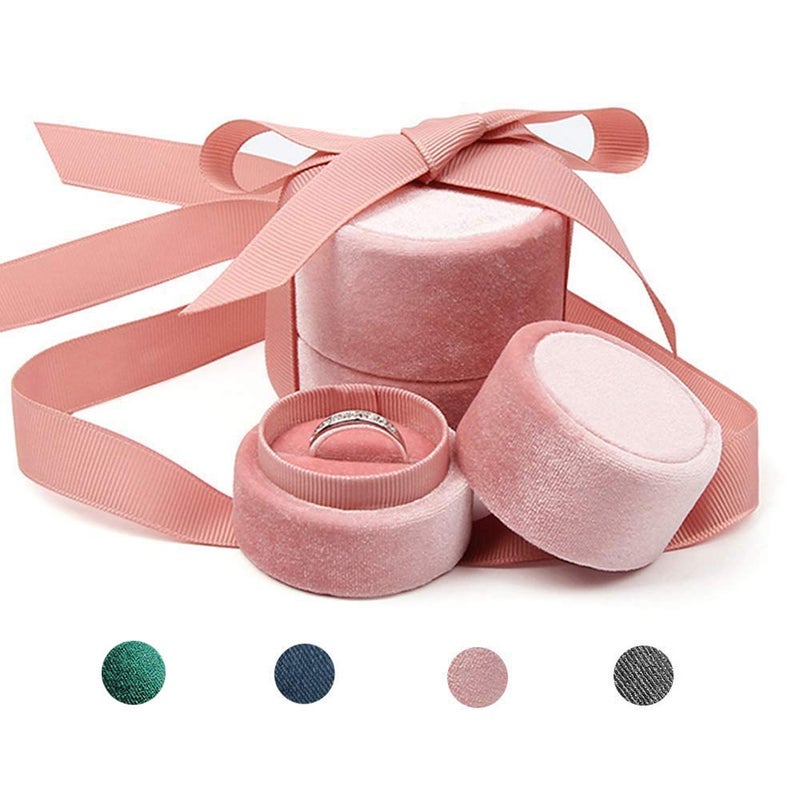 Beatilog Velvet Ring Box  Gorgeous Round Wedding Ring Box with Elegant Ribbon Bow Vintage Jewelry Holder Gift Organizer for Proposal Engagement Ceremony Photography Pink Small