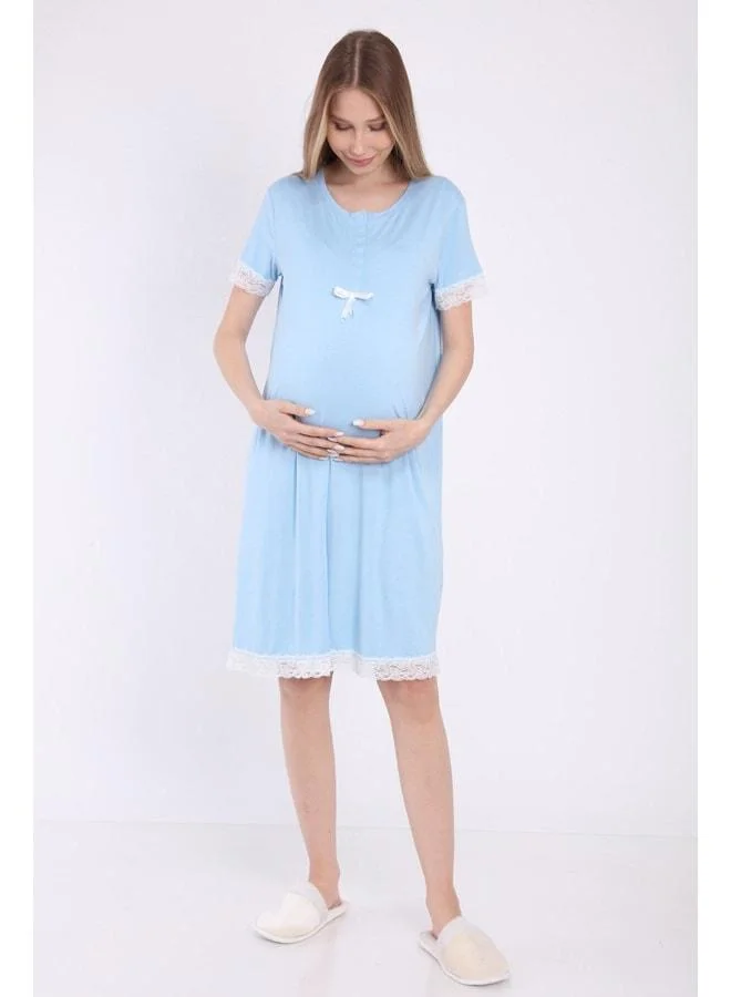LuvmaBelly Myra9591 Front Snap Lace Maternity Nightgown - Blue.
