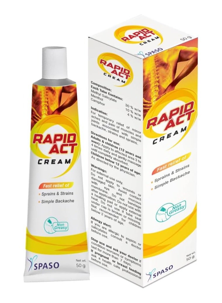 Rapid Act Cream Fast Relief of Sprains & Strains Simple Backache - Non Greasy - 50G - Image 1