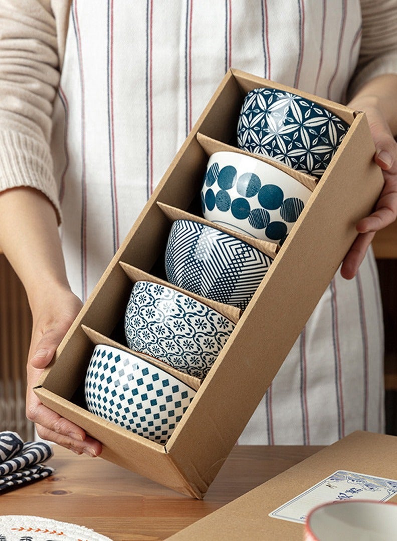 أواني مائدة يابانية كلاسيكية من السيراميك الياباني، طقم مبتكر من أواني الأرز المصنوعة من الصين العظام للمطبخ العائلي لتقديم المعكرونة والوجبات الخفيفة والحساء والحبوب، 5 قطع - Image 3