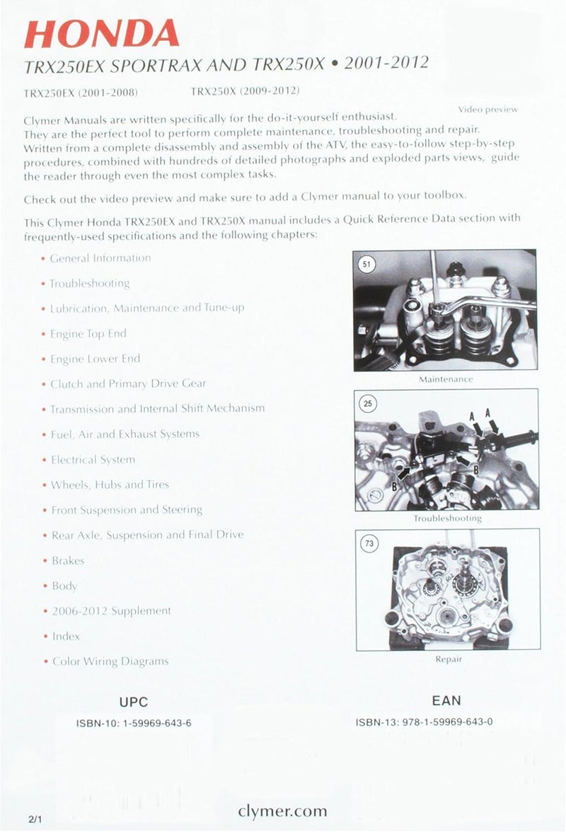 Clymer M215 Repair Manual for Honda TRX250EX Sportrax and TRX250X (2001-2012) - Image 2