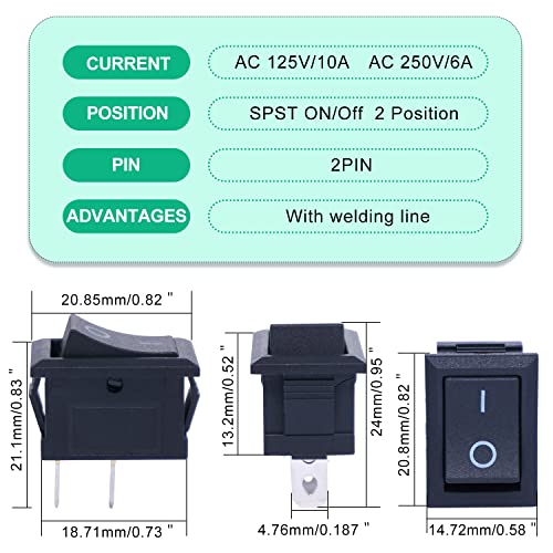 Twidec/10Pcs Rocker Switch AC 6A/250V 10A/125V SPST 2 Pins 2 Position ON/Off Car Boat Square Black Rocker Switch Toggle with Pre-soldered Wires KCD1-X-F - Image 5