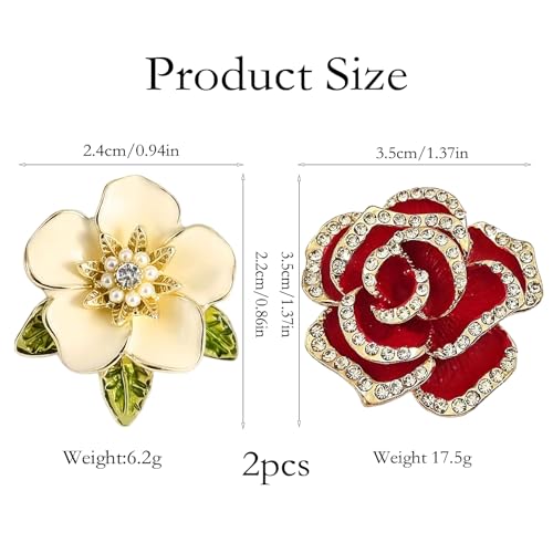 XFSAFDM 2pcs Brooch Pin For Women(Red & Green),Camellia Floral Pins With Leaves, Elegant Saree Pin For Pallu, Fashion Accessories For Dresses, Jackets, Bags, Gifts For Special Occasions - Image 2