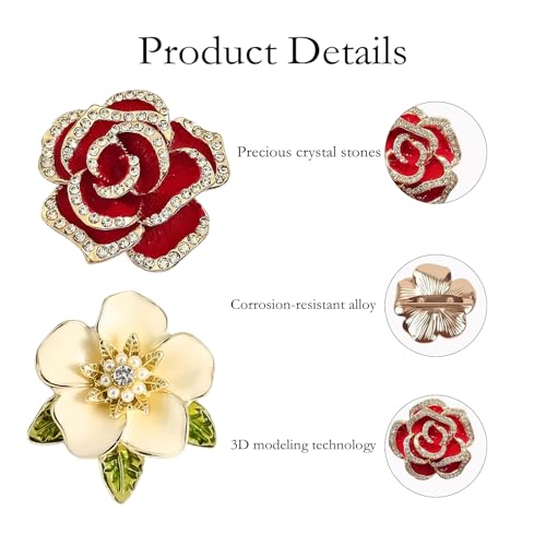 XFSAFDM 2pcs Brooch Pin For Women(Red & Green),Camellia Floral Pins With Leaves, Elegant Saree Pin For Pallu, Fashion Accessories For Dresses, Jackets, Bags, Gifts For Special Occasions - Image 3