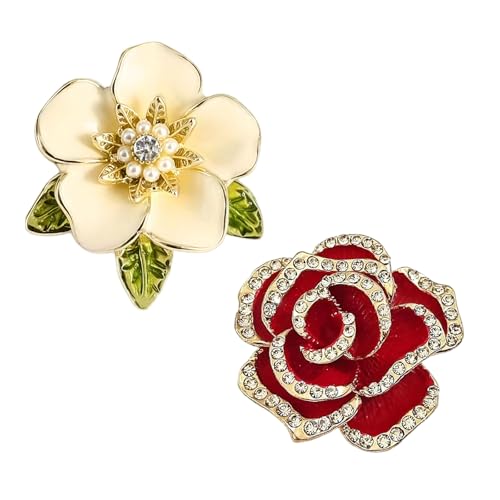 XFSAFDM 2pcs Brooch Pin For Women(Red & Green),Camellia Floral Pins With Leaves, Elegant Saree Pin For Pallu, Fashion Accessories For Dresses, Jackets, Bags, Gifts For Special Occasions - Image 1