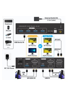 Generic مفتاح KVM HDMI وDisplayPort بدقة 8K@60Hz لشاشتين - 2 كمبيوتر، يدعم USB 3.0، شارك 4 أجهزة USB، يتضمن كابلين USB ومحول تيار مستمر، مثالي لإعداد شاشات متعددة.  - Image 2