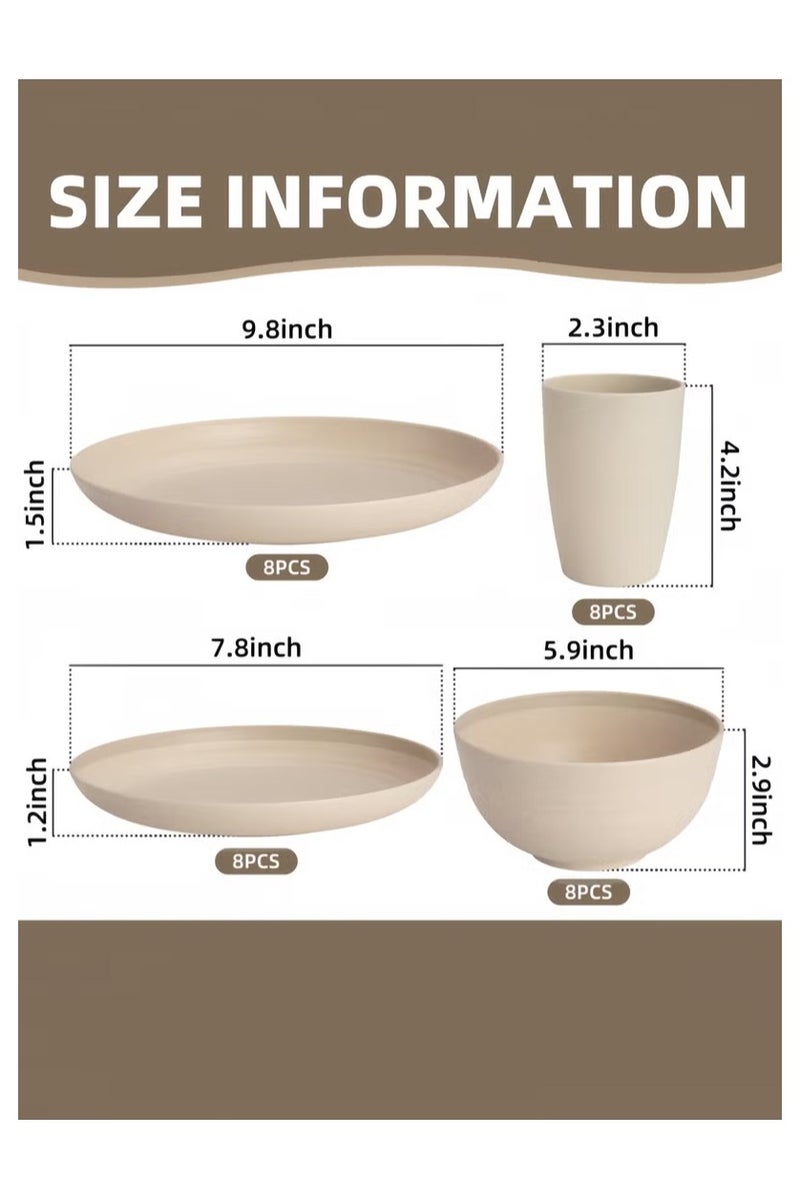 هيكوموني مجموعة أواني طعام مكونة من 32 قطعة، أوعية من قش القمح، أطباق، أكواب، مجموعة أواني طعام، تكفي لـ 8 أشخاص، أطباق طعام، أطباق حلوى، أوعية حبوب، أكواب، أواني طعام بلاستيكية ملونة غير قابلة للكسر للاستخدام في الهواء الطلق، لون بيج ساحلي - Image 2