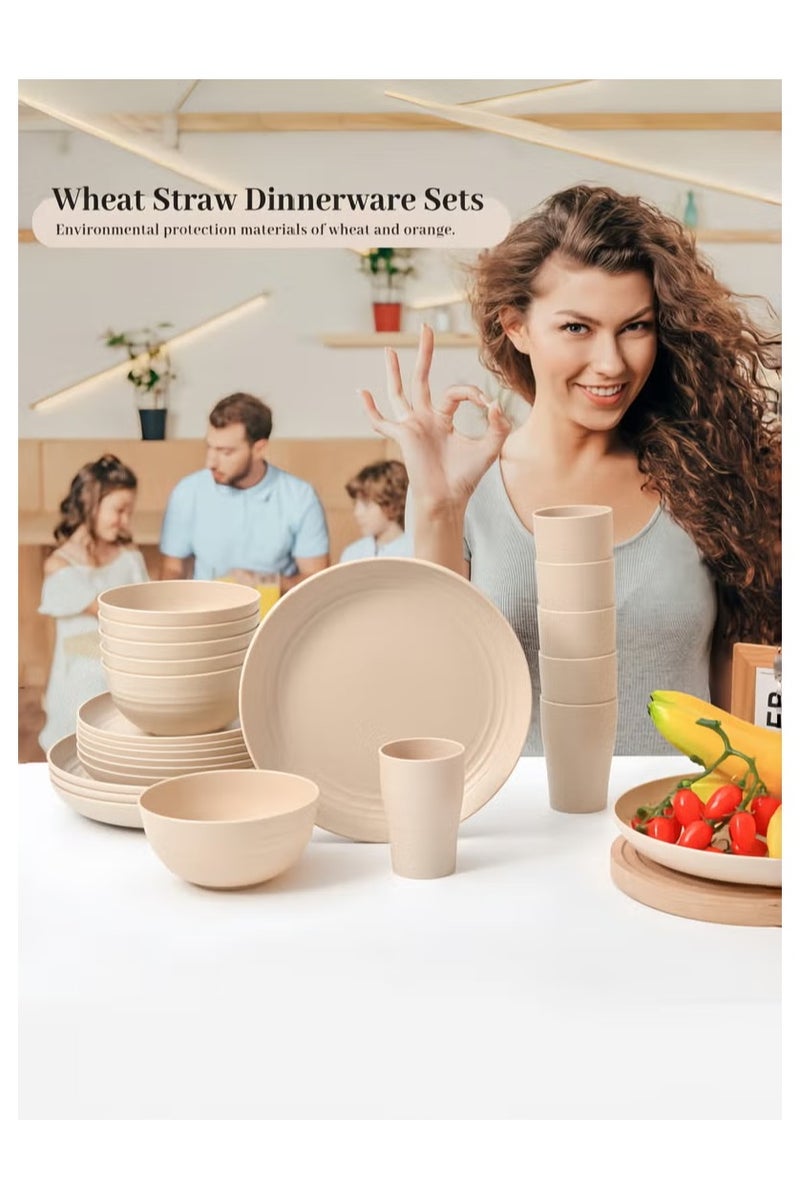 هيكوموني مجموعة أواني طعام مكونة من 32 قطعة، أوعية من قش القمح، أطباق، أكواب، مجموعة أواني طعام، تكفي لـ 8 أشخاص، أطباق طعام، أطباق حلوى، أوعية حبوب، أكواب، أواني طعام بلاستيكية ملونة غير قابلة للكسر للاستخدام في الهواء الطلق، لون بيج ساحلي - Image 3