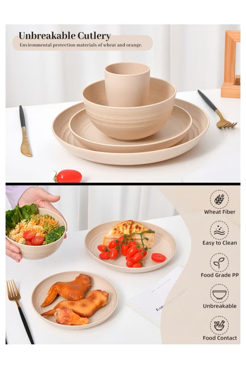 هيكوموني مجموعة أواني طعام مكونة من 32 قطعة، أوعية من قش القمح، أطباق، أكواب، مجموعة أواني طعام، تكفي لـ 8 أشخاص، أطباق طعام، أطباق حلوى، أوعية حبوب، أكواب، أواني طعام بلاستيكية ملونة غير قابلة للكسر للاستخدام في الهواء الطلق، لون بيج ساحلي - Image 4