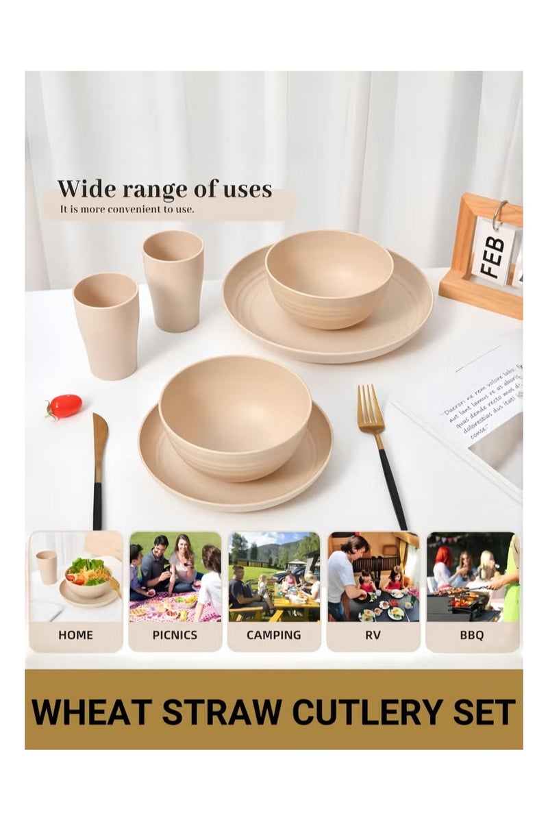 هيكوموني مجموعة أواني طعام مكونة من 32 قطعة، أوعية من قش القمح، أطباق، أكواب، مجموعة أواني طعام، تكفي لـ 8 أشخاص، أطباق طعام، أطباق حلوى، أوعية حبوب، أكواب، أواني طعام بلاستيكية ملونة غير قابلة للكسر للاستخدام في الهواء الطلق، لون بيج ساحلي - Image 5