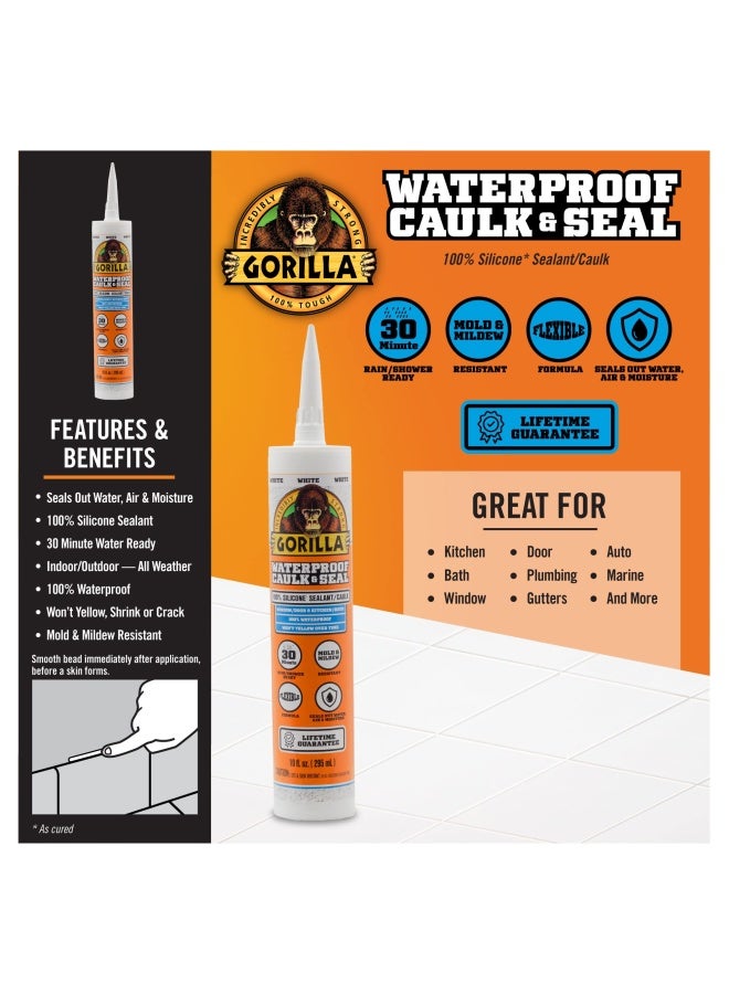 Gorilla 100 Percent Silicone Sealant Caulk, Waterproof, Mold & Mildew Resistant, Flexible Seal, White,10 ounce Cartridge (Pack of 1), 8060002 - Image 4