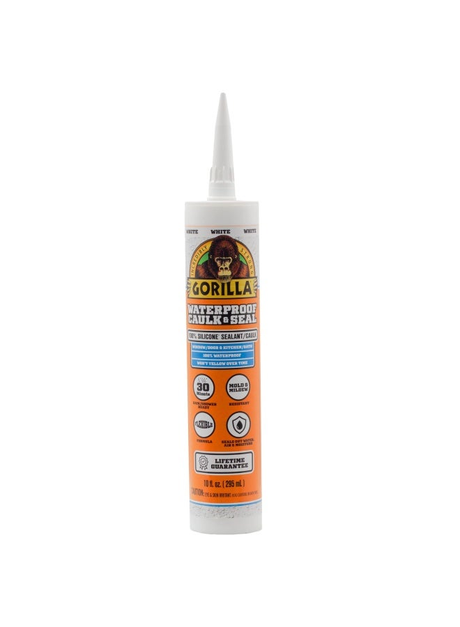 Gorilla 100 Percent Silicone Sealant Caulk, Waterproof, Mold & Mildew Resistant, Flexible Seal, White,10 ounce Cartridge (Pack of 1), 8060002 - Image 1