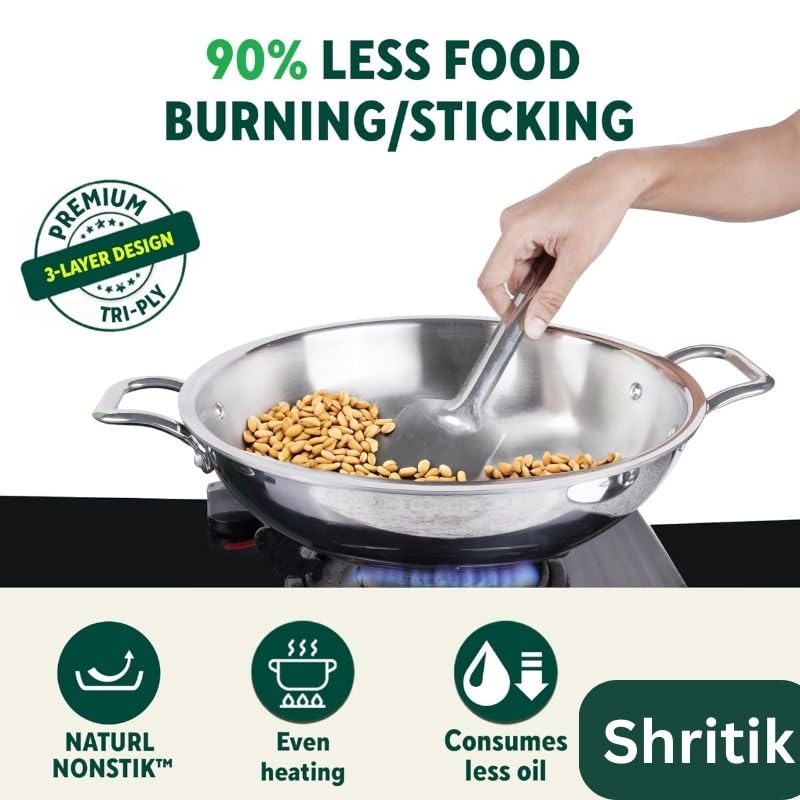 Shritik Triply Stainless Steel Kadai with Lid (24cm, 3.2L) | Triply Kadai with Heavy Bottom | Induction Friendly Triply Stainless Steel Cookware Kadhai | 5 Year Warranty - Image 2